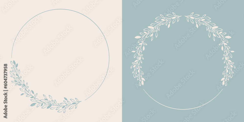 Zestaw dwóch okrągłych ramek wektorowych w minimalistycznym stylu z subtelną dekoracją z liści. Idealne dla osób ceniących prostotę i elegancję. - obrazy, fototapety, plakaty 