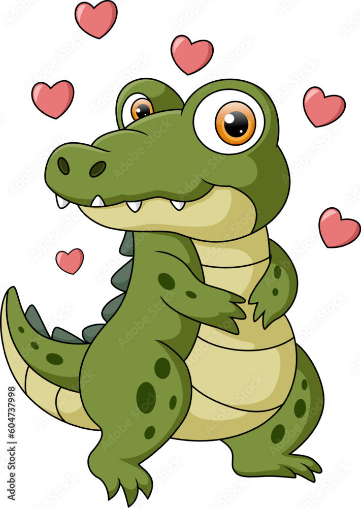 Obraz premium Cute baby crocodile cartoon with red hearts