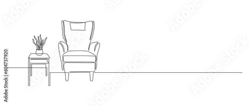 Home interior in one continuous line drawing. Modern furniture armchair and table with flower in simple Linear style. Editable stroke. Doodle vector illustration