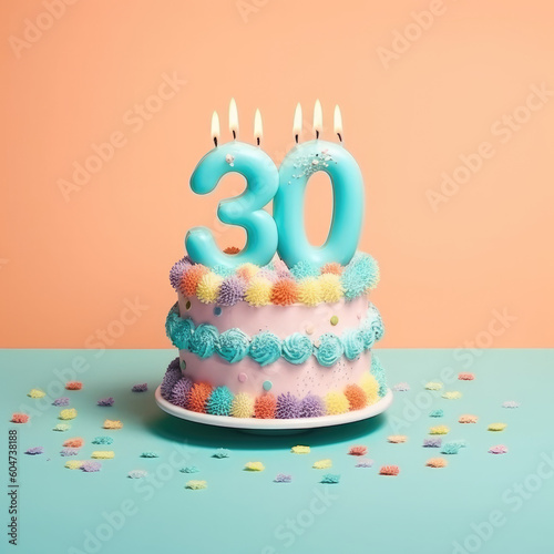 Colorful 30 s party Delight  A Birthday Cake Adorned with Big Candles isolated on pastel blue and salmon background with space for text. Copy space. Celebration concept AI Generative