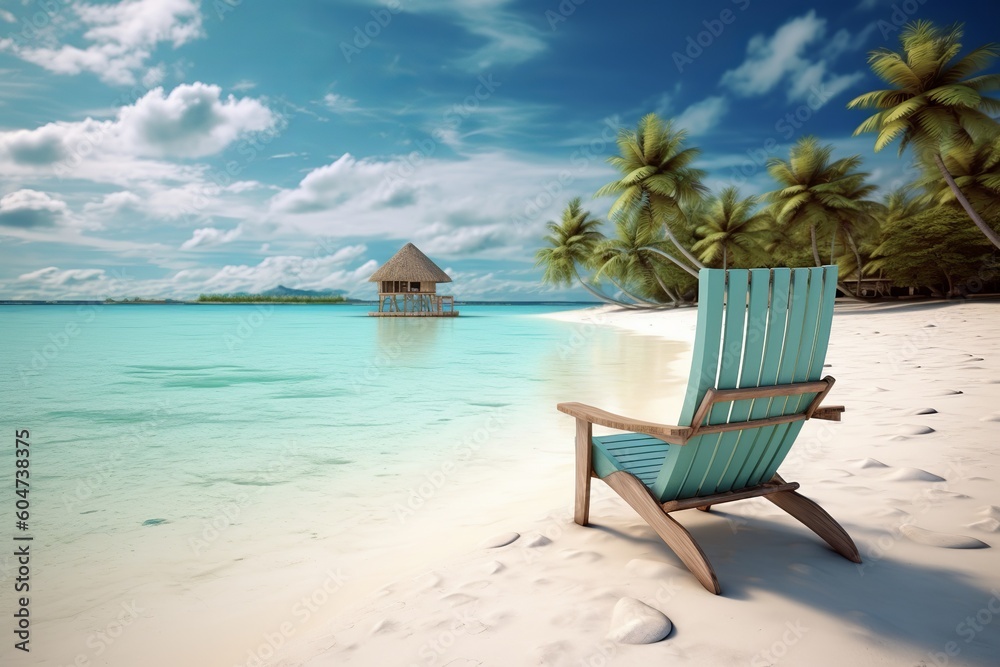 Summer vacation on a tropical island with a beach chair, created with Generative AI technology
