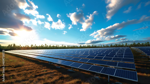 Illuminate the future of renewable energy with a wide-angle shot of a solar farm, capturing rows of photovoltaic panels glistening under a clear blue sky