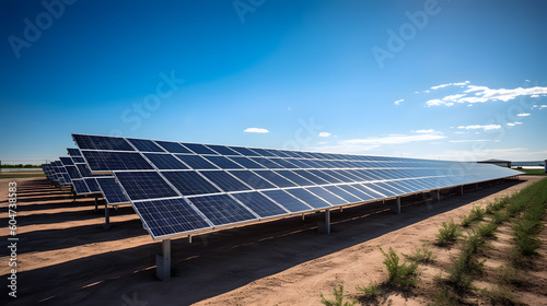 Illuminate the future of renewable energy with a wide-angle shot of a solar farm, capturing rows of photovoltaic panels glistening under a clear blue sky
