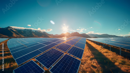 Illuminate the future of renewable energy with a wide-angle shot of a solar farm, capturing rows of photovoltaic panels glistening under a clear blue sky