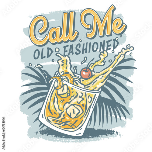 Old fashioned cocktail with ice and cherry for design of bar menu. American alcochol cocktail with whisky and bourbon for drink party. Tee print