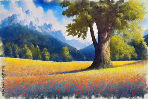 Modern impressionist oil painting sketch of picturesque mountain landscape with single tree on flowering field and foothill forest on background. My own digital art illustration of peaceful scenery. photo