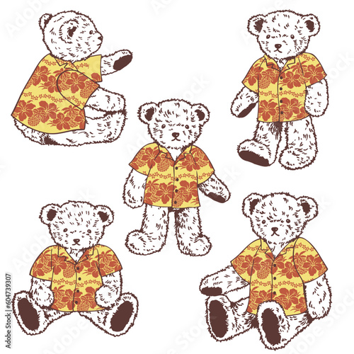 Collection of cute bears wearing Aloha shirts,