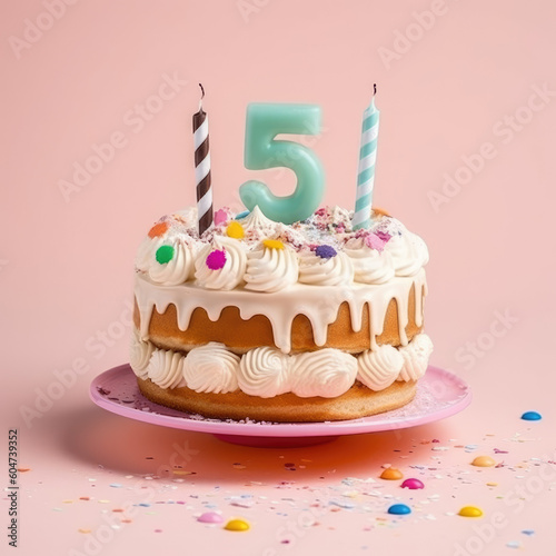 Special Celebration. Delight in an exquisite birthday cake, marking 5 years, on a charming pastel background. Five Copy space. Fifth Memorable moments AI Generative