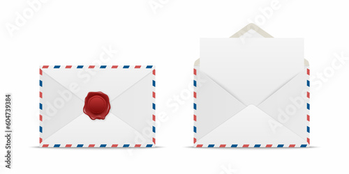 Vector White Closed and Opened Paper Envelope with Red Wax Seal and Blank Paper Letter Inside. Folded and Unfolded Envelopes Icon Set Isolated. Message, Alert, Surprise, Secret Concept photo