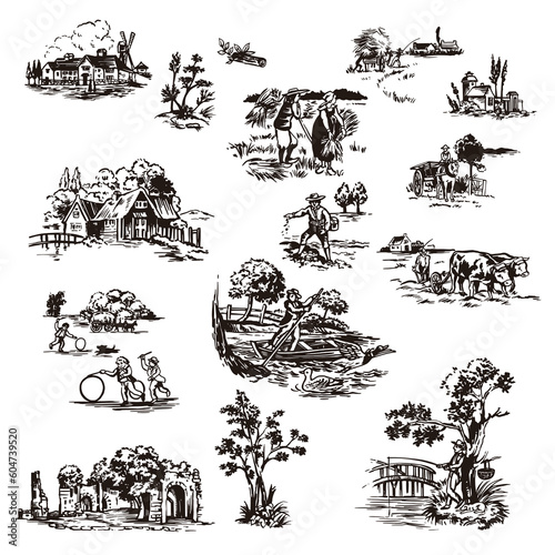 Collection of etching sketches of old rural landscapes,