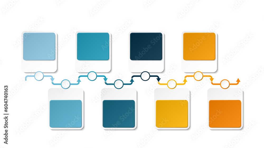 Horizontal timeline or flowchart with eight square elements and space for data. Concept of 8 successive steps of company process. Horizontal timeline or flowchart with eight square elements and space for data. Concept of 8 successive steps of company process.