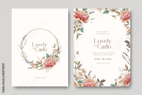 wreath flowers wedding invitation card with golden line 