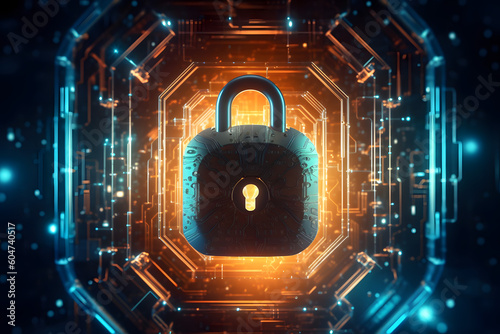 Delve into the world of cybersecurity with a conceptual shot featuring a padlock and a digital shield symbolizing data protection and online security