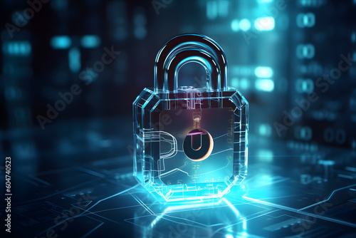 Delve into the world of cybersecurity with a conceptual shot featuring a padlock and a digital shield symbolizing data protection and online security