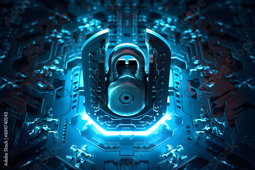 Delve into the world of cybersecurity with a conceptual shot featuring a padlock and a digital shield symbolizing data protection and online security