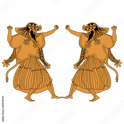 Symmetrical ethnic design with two dancing ancient Greek men. God of wine Dionysus or Bacchus. Vase painting style. Isolated vector illustration.