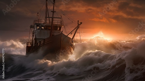 a fishing trawler in trouble during a heavy storm with fierce high waves around sunset off the bering strait. generative AI