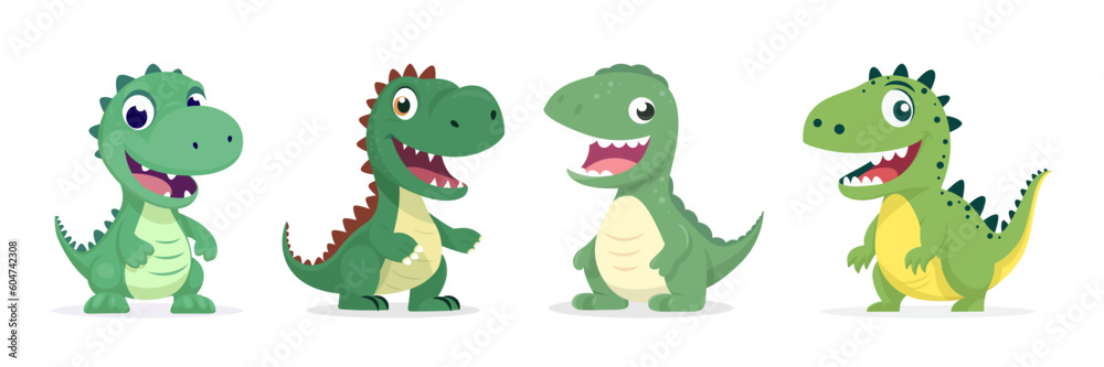Vector Cute Kind Baby Kid Smiling Dinosaur Set. Happy Cartoon Green Dinosaur Tyrannosaurus Rex, Tyrex Collection in Flat Style Isolated Vector Cute Kind Baby Kid Smiling Dinosaur Set. Happy Cartoon Green Dinosaur Tyrannosaurus Rex, Tyrex Collection in Flat Style Isolated