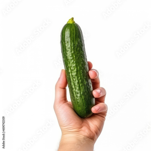 Farm-to-table cuisine with a hand holding a ripe zucchini on a colorful backdrop. Courgette. Copy space. Organic food concept AI Generative