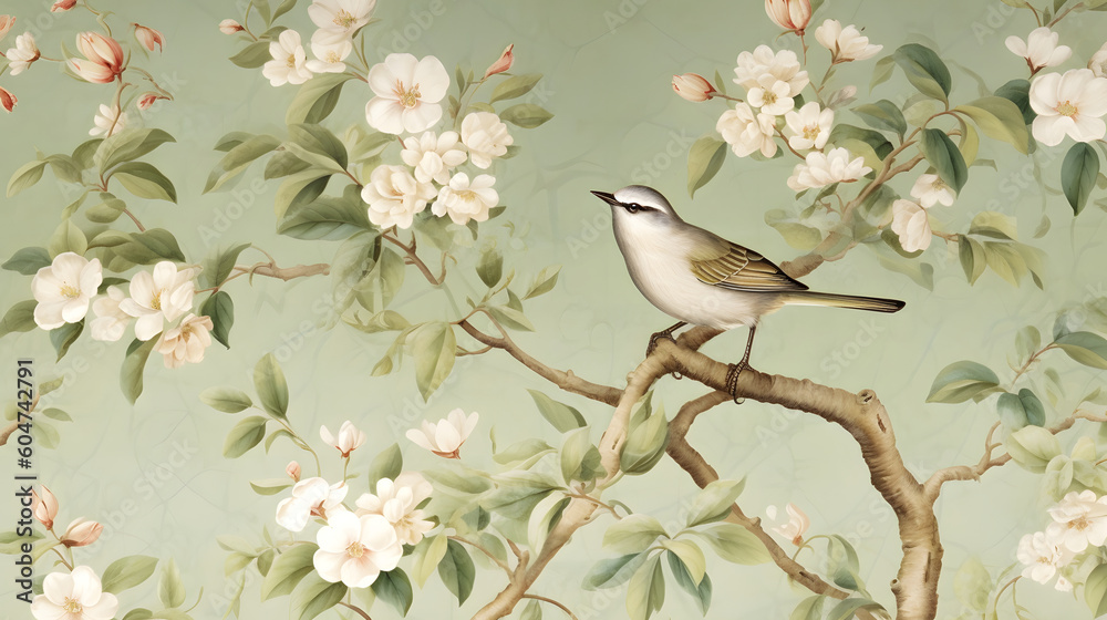 Chinoiserie wallpaper depicting a bird on a tree with small flowers based on generative AI Chinoiserie wallpaper depicting a bird on a tree with small flowers based on generative AI