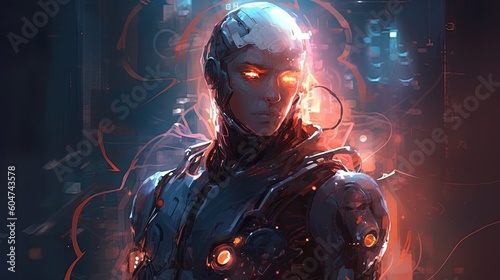 A cyborg with a built-in energy shield. Fantasy concept , Illustration painting. 