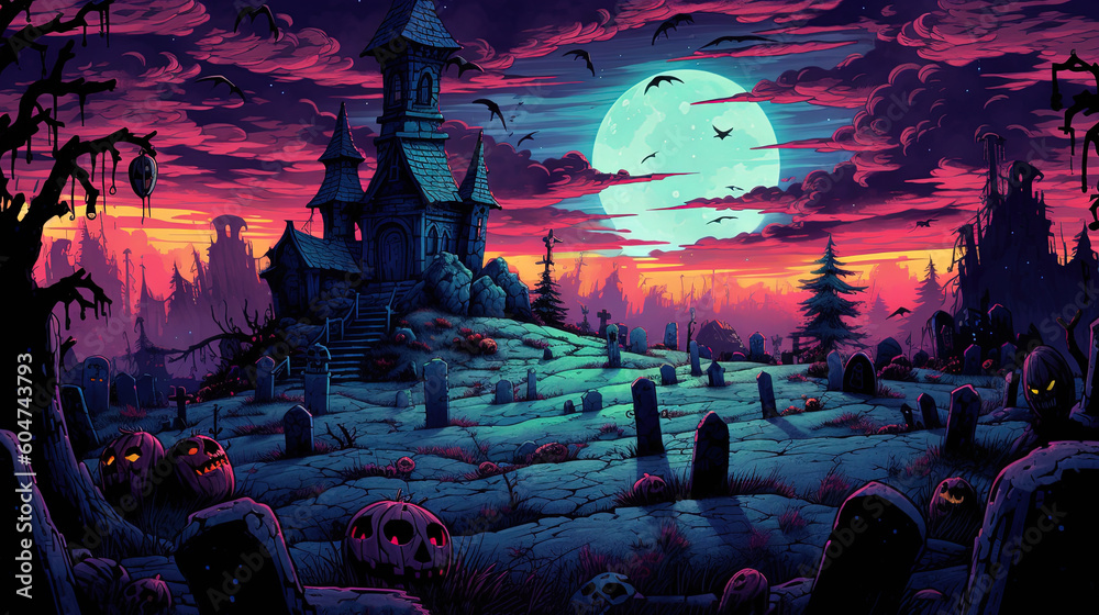 A castle with a haunted graveyard. Fantasy concept , Illustration painting. Generative AI A castle with a haunted graveyard. Fantasy concept , Illustration painting. Generative AI