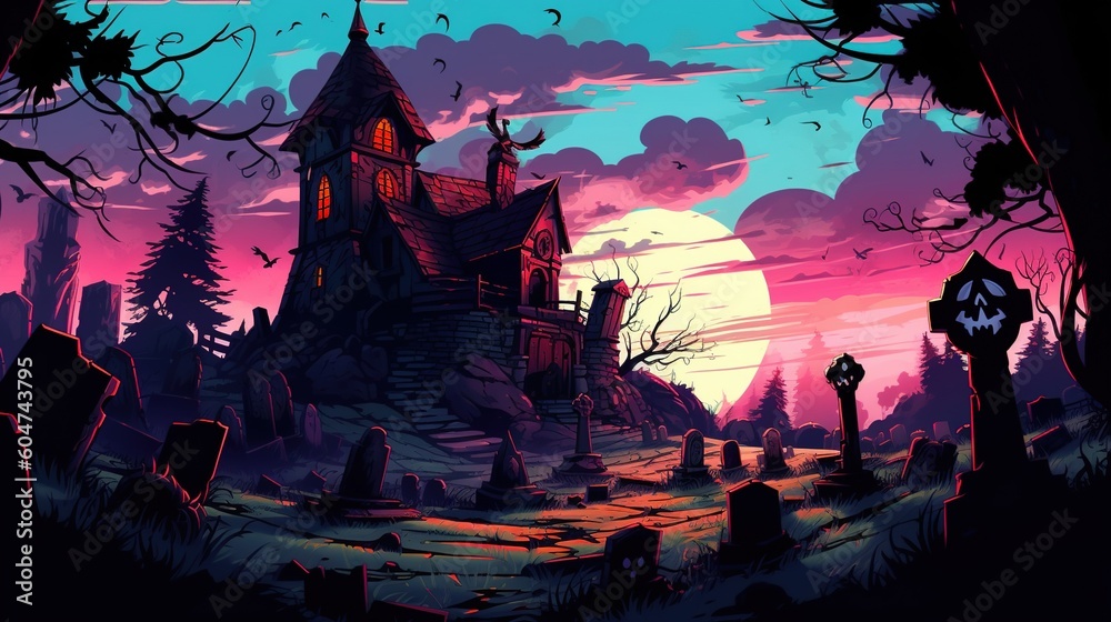 A castle with a haunted graveyard. Fantasy concept , Illustration painting. Generative AI A castle with a haunted graveyard. Fantasy concept , Illustration painting. Generative AI