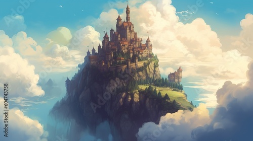 A castle in the clouds. Fantasy concept , Illustration painting. Generative AI