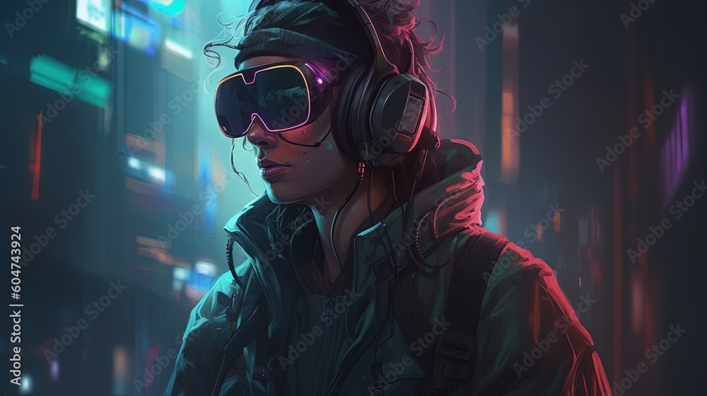 A cyberpunk hacker with a VR headset. Fantasy concept , Illustration painting. Generative AI