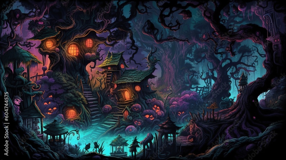 A dark-fantasy forest with a witch's hut. Fantasy concept , Illustration painting. Generative AI