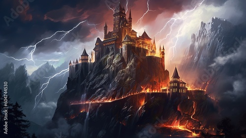 A dark-fantasy castle perched atop a mountain, with lightning striking all around. Fantasy concept , Illustration painting. Generative AI