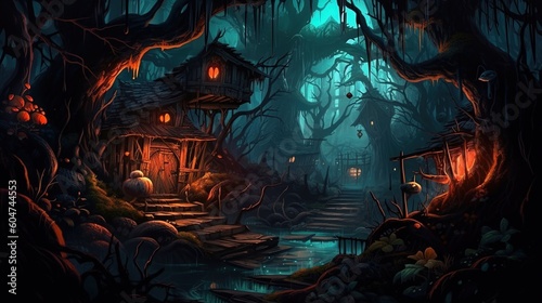 A dark-fantasy forest with a witch's hut. Fantasy concept , Illustration painting. Generative AI