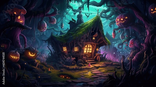A dark-fantasy forest with a witch's hut. Fantasy concept , Illustration painting. Generative AI