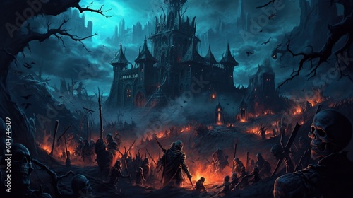 A dark-fantasy fortress with an army of undead soldiers. Fantasy concept   Illustration painting. Generative AI