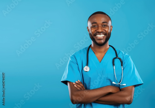 Multirational Healthcare. Smiling black doctor in uniform, showcasing the diversity and dedication of african healthcare professionals. Copy space. Healthcare commitment AI Generative