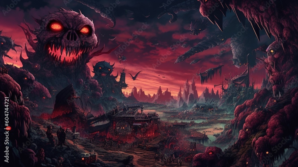 Fototapeta premium A dark-fantasy wasteland with a demon lord and a horde of minions. Fantasy concept , Illustration painting. Generative AI