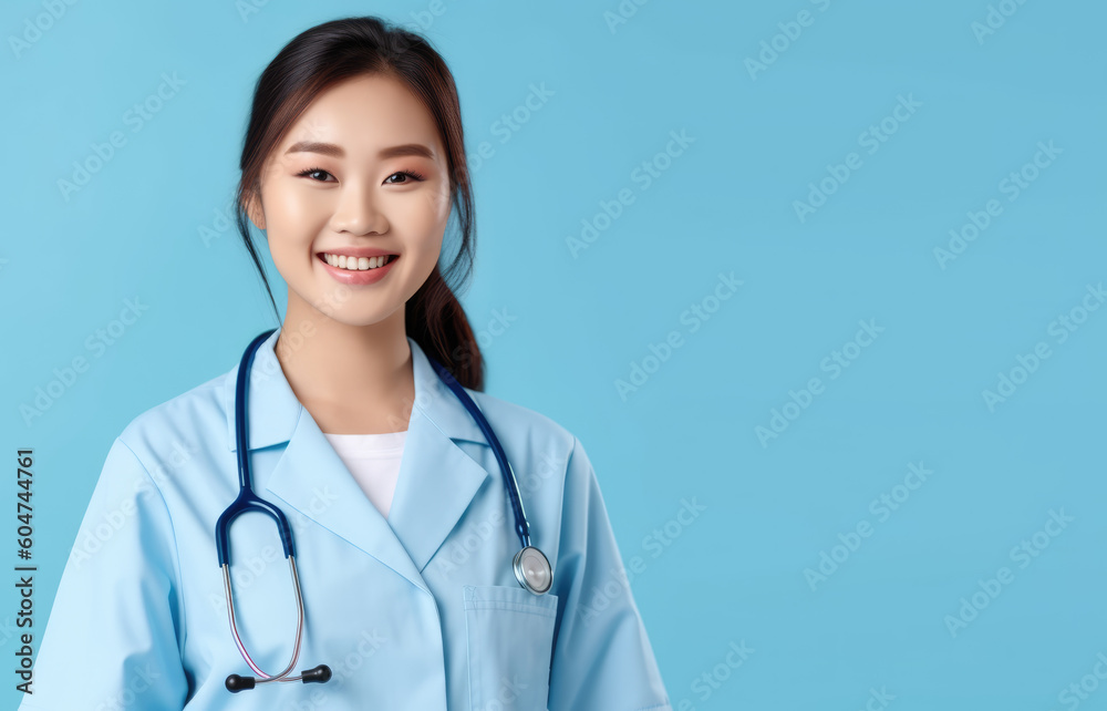  Caring Medical Professional. Experience the warmth and expertise of a smiling Chinese female doctor, isolated on a soothing blue pastel light background. Copy space. Health and wellness AI Generative