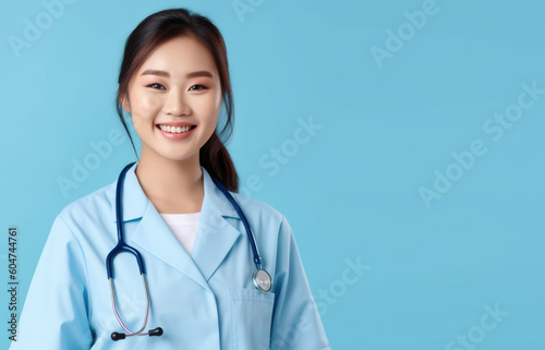  Caring Medical Professional. Experience the warmth and expertise of a smiling Chinese female doctor, isolated on a soothing blue pastel light background. Copy space. Health and wellness AI Generative