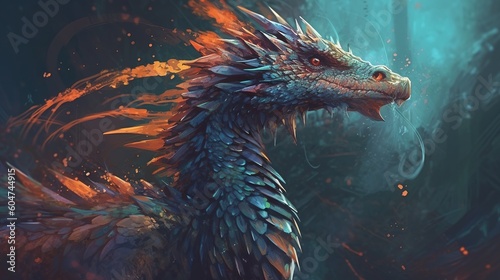 A dragon with feathered wings. Fantasy concept , Illustration painting. Generative AI