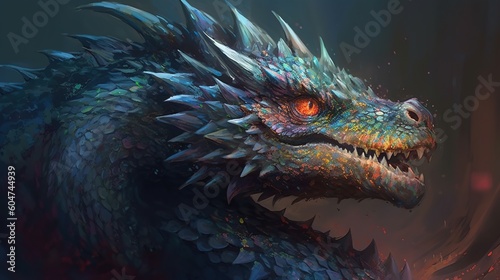 Portrait of a dragon with colorful scales. Fantasy concept , Illustration painting. Generative AI