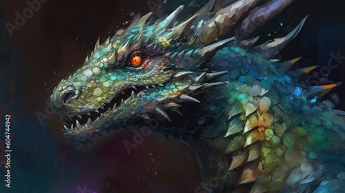 Portrait of a dragon with colorful scales. Fantasy concept   Illustration painting. Generative AI