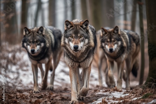 Pack of hungry wolves hunting in winter. distinct generative AI image. photo