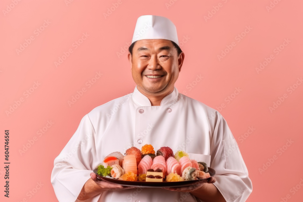 Savor the Art of Sushi. Witness the mastery of a Japanese chef as he holds a delectable sushi plate. Copy space. Authentic Japanese cuisine AI Generative Savor the Art of Sushi. Witness the mastery of a Japanese chef as he holds a delectable sushi plate. Copy space. Authentic Japanese cuisine AI Generative