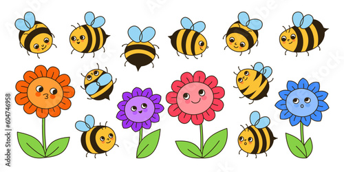 Bee honey characters and flowers retro cartoon set. Comics kids honeybee insect mascot characters with funny faces. Cute hand drawn summer comic smiley striped bees doodle design vector illustration