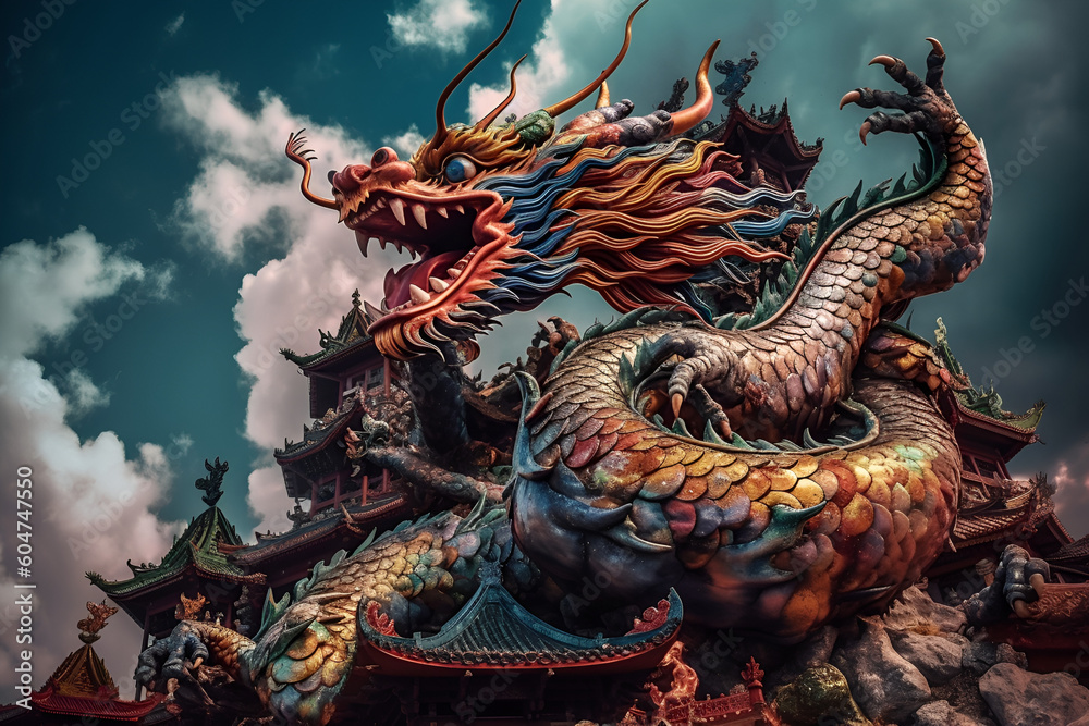 Obraz premium Chinese dragon statue in temple - AI Technology