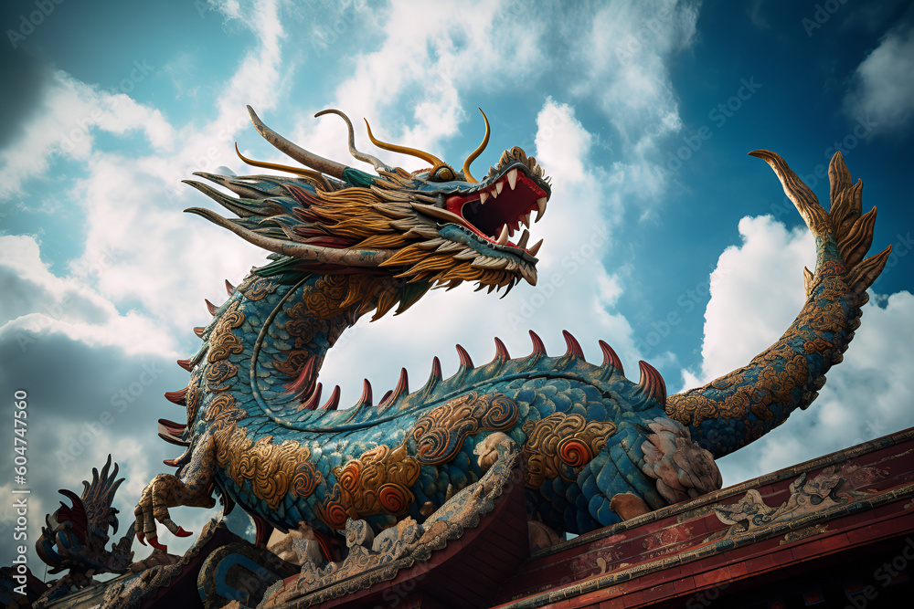 Fototapeta premium Chinese dragon statue in temple - AI Technology