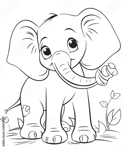 Coloring Page Of Cartoon Baby Elephant Vector Illustration for Coloring Book, Hand drawn vector coloring page of cartoonish baby elephant. Coloring page for kids and adults.