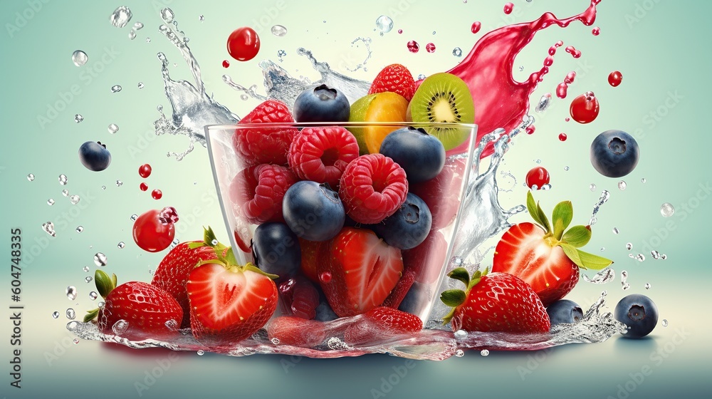 fruit in a glass, berries and juice splashing out on blue background fruit in a glass, berries and juice splashing out on blue background