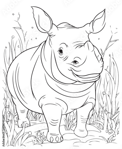 Black and White Cartoon Illustration of Rhino Animal, vector coloring page of Rhino. Coloring page for kids and adults. Print design, t-shirt design, tattoo design, mural art.