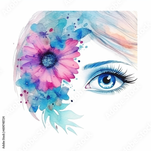 Watercolor Cute Girl Pink Blue Turquoise